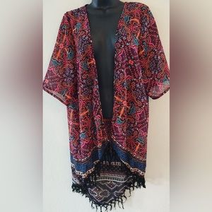 Rue 21 Women’s Monroe Kimono Purple Red Geometric Fringe Hem Open Front Top L